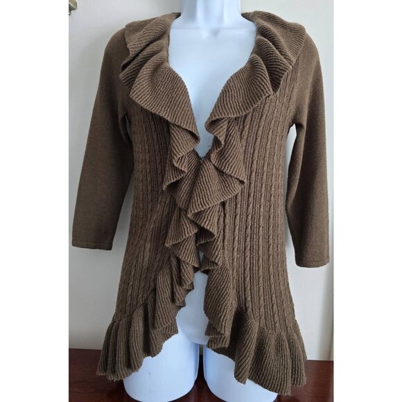 Womens Sz S  Brown Ruffle Cardigan Sweater 3/4 Sleeve Cable Knit Feminine Boho - Picture 1 of 4
